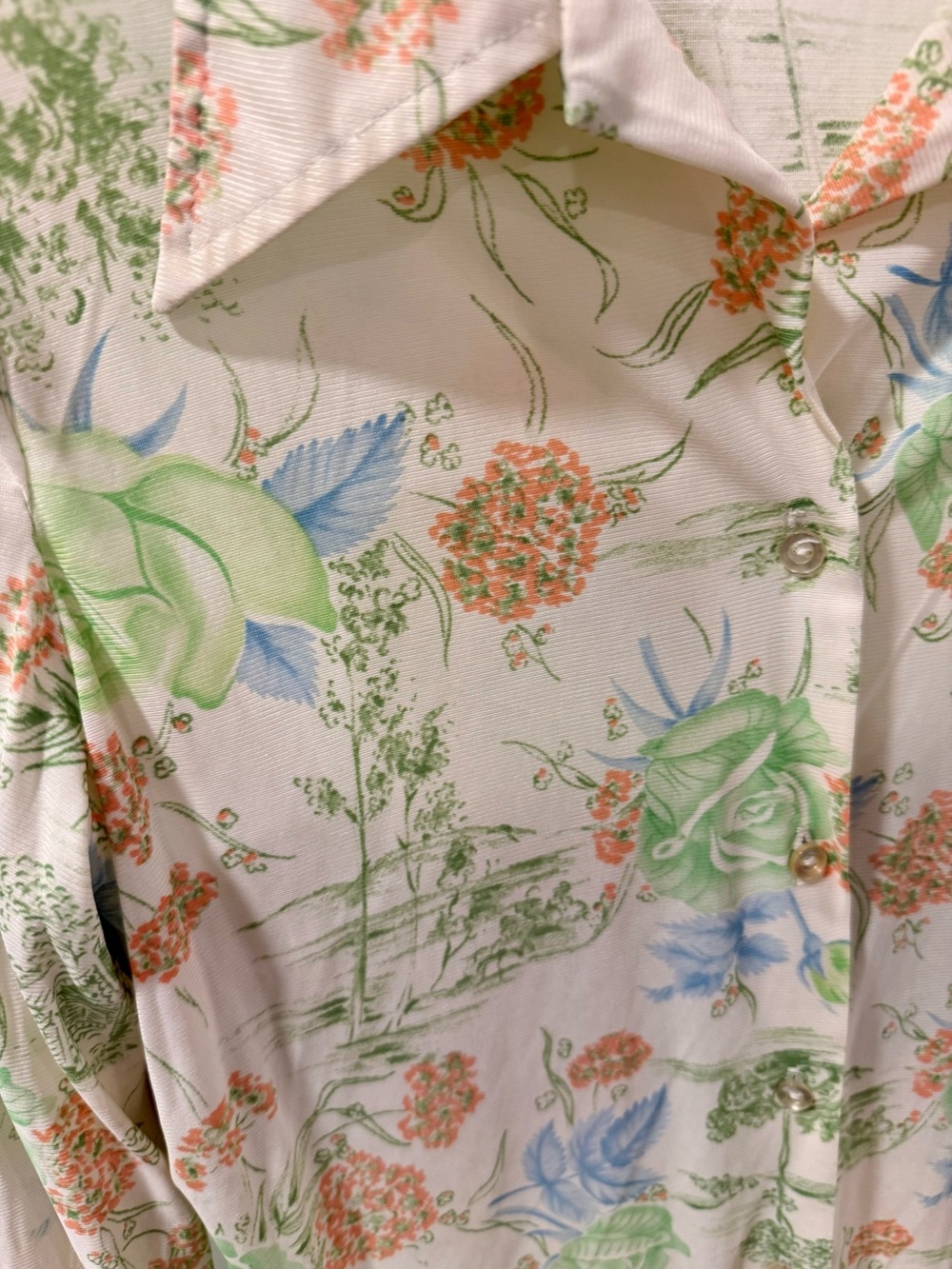 True 70s Vintage Floral Oversized Pointed Collar Polyester Long Sleeve Blouse - Picture 8 of 8